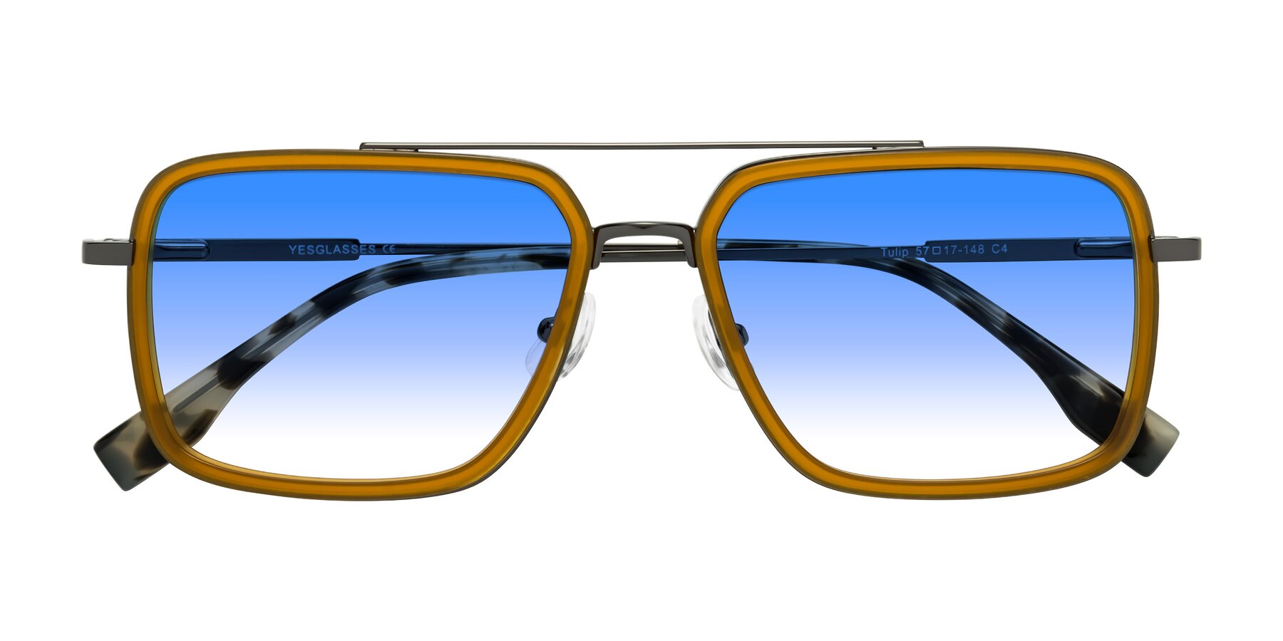 Folded Front of Tulip in Caramel-Gunmetal with Blue Gradient Lenses