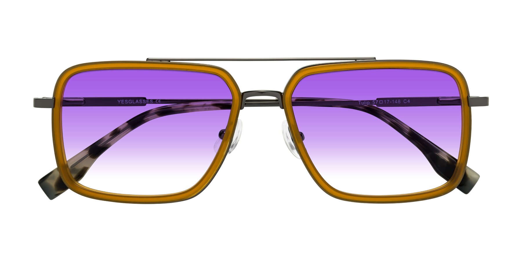 Folded Front of Tulip in Caramel-Gunmetal with Purple Gradient Lenses