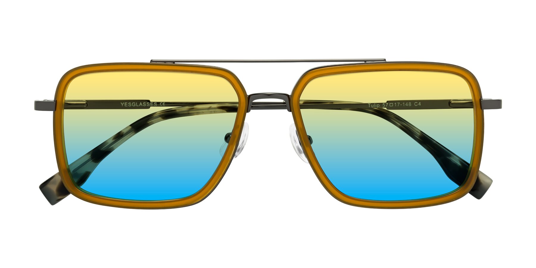 Folded Front of Tulip in Caramel-Gunmetal with Yellow / Blue Gradient Lenses