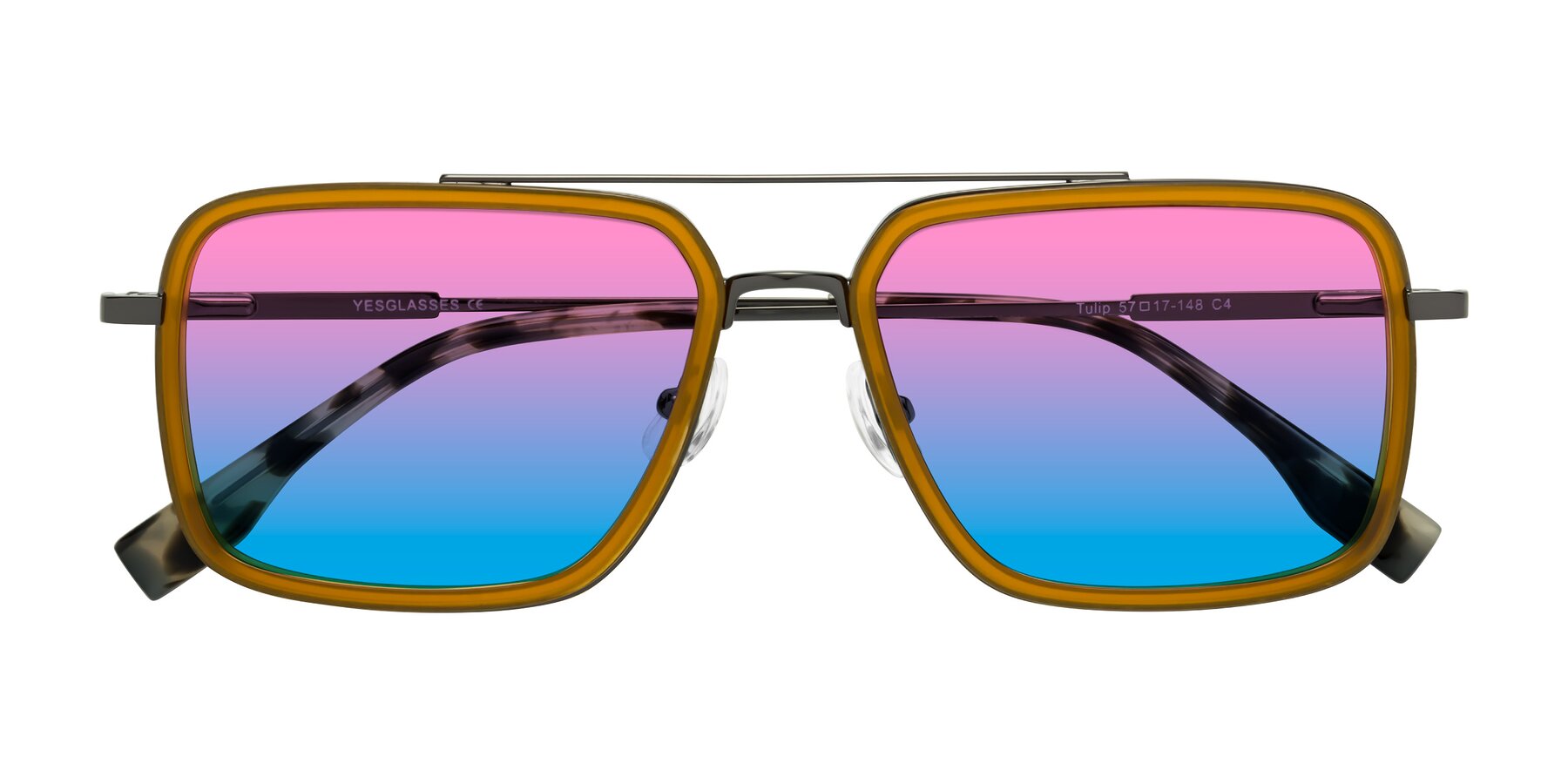 Folded Front of Tulip in Caramel-Gunmetal with Pink / Blue Gradient Lenses