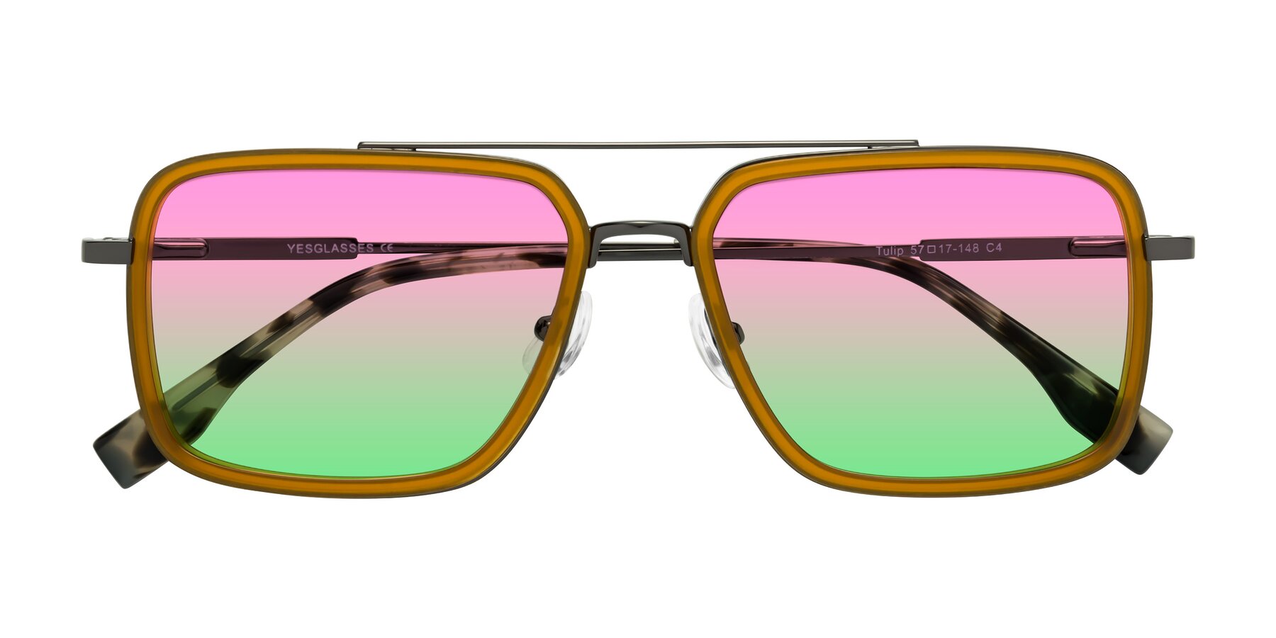 Folded Front of Tulip in Caramel-Gunmetal with Pink / Green Gradient Lenses