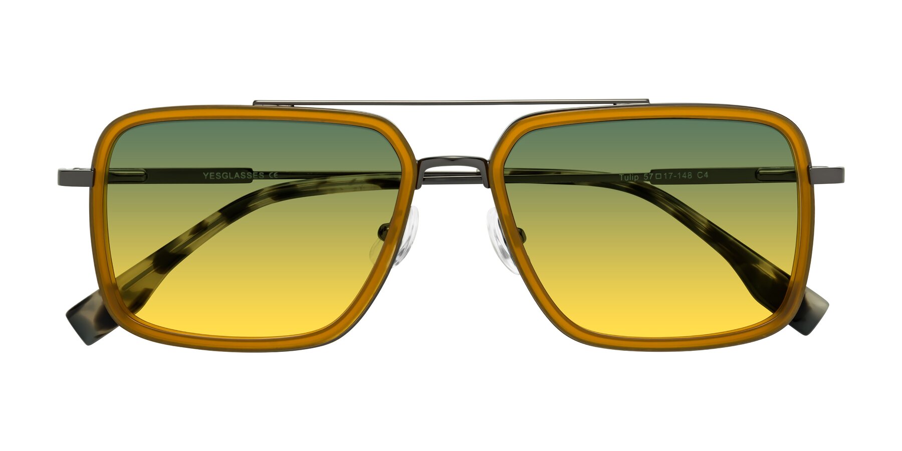 Folded Front of Tulip in Caramel-Gunmetal with Green / Yellow Gradient Lenses