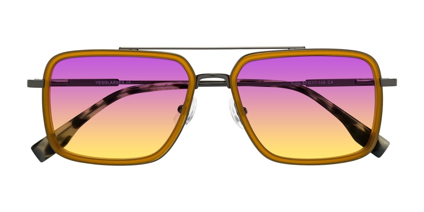 Folded Front of Tulip in Caramel-Gunmetal with Purple / Yellow Gradient Lenses