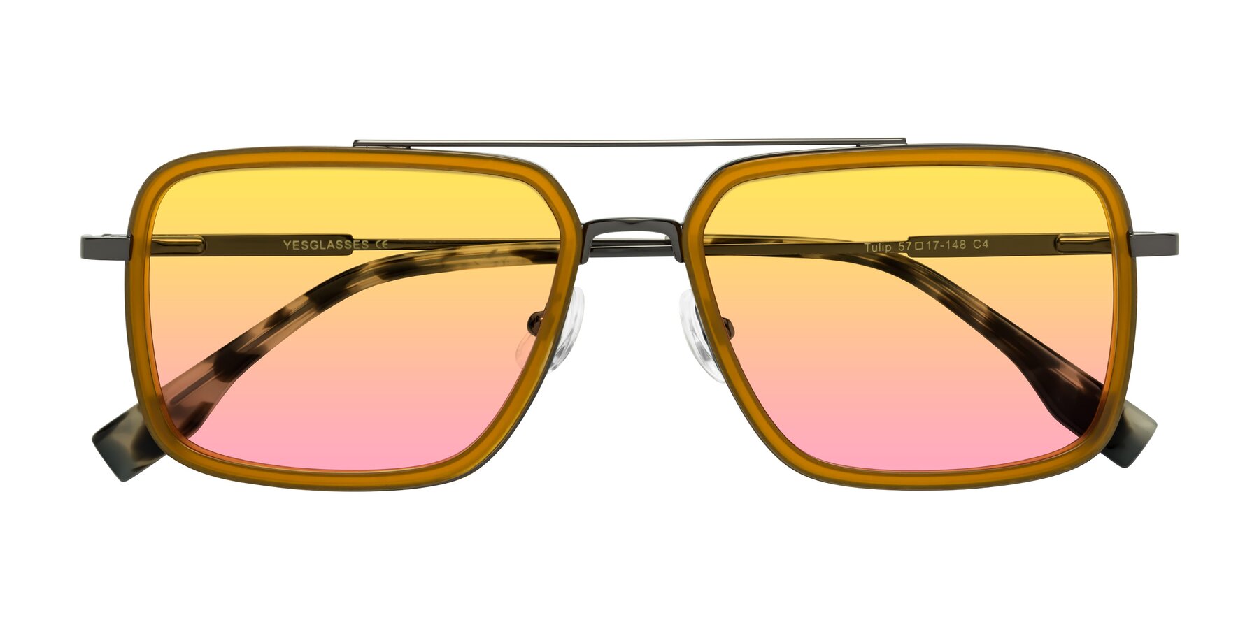 Folded Front of Tulip in Caramel-Gunmetal with Yellow / Pink Gradient Lenses