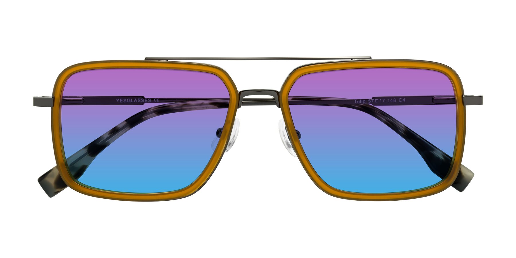 Folded Front of Tulip in Caramel-Gunmetal with Purple / Blue Gradient Lenses