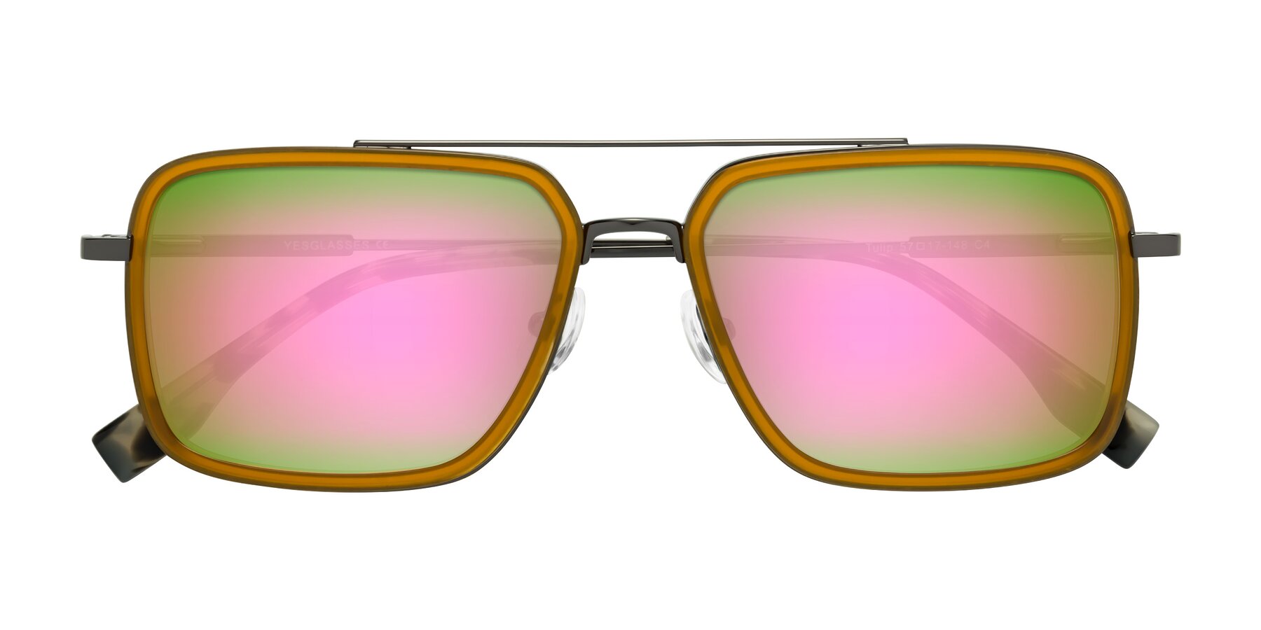 Folded Front of Tulip in Caramel-Gunmetal with Pink Mirrored Lenses