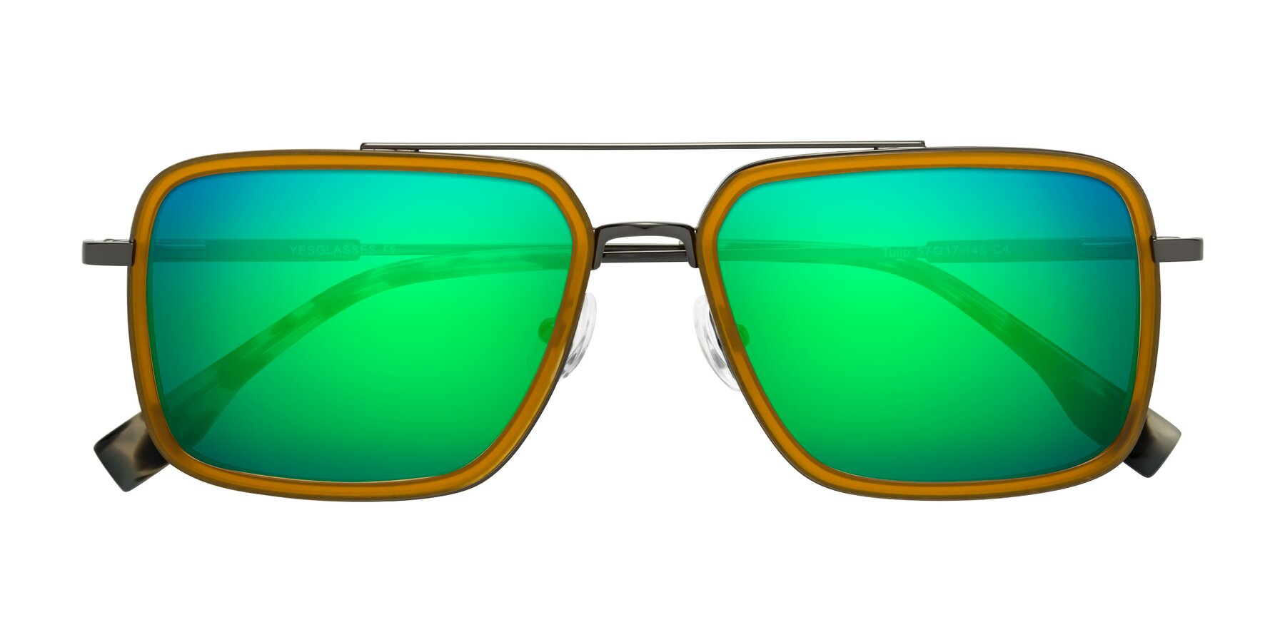 Folded Front of Tulip in Caramel-Gunmetal with Green Mirrored Lenses