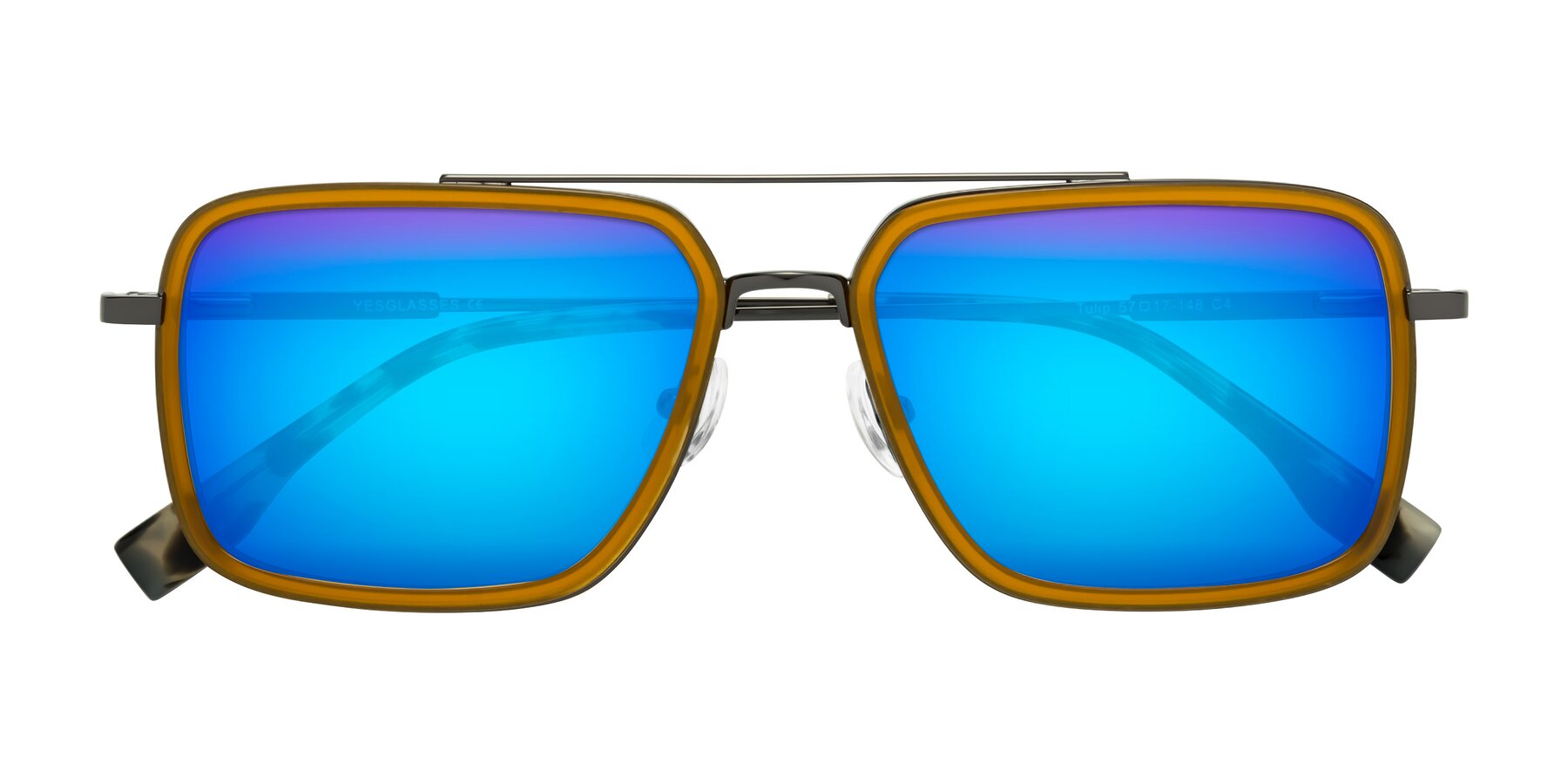 Folded Front of Tulip in Caramel-Gunmetal with Blue Mirrored Lenses