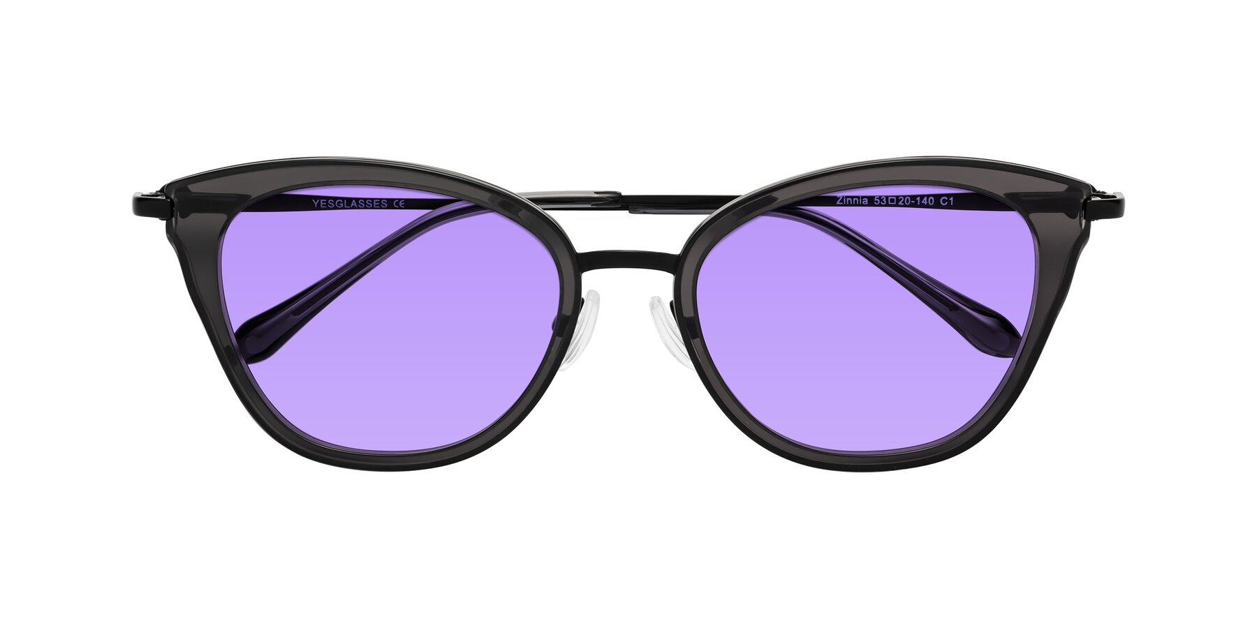 Folded Front of Zinnia in Gray with Medium Purple Tinted Lenses