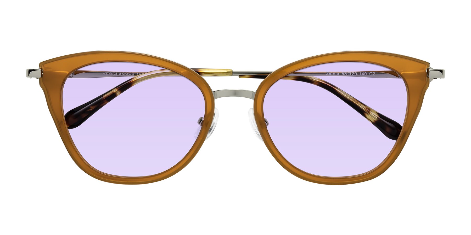 Folded Front of Zinnia in Caramel with Light Purple Tinted Lenses