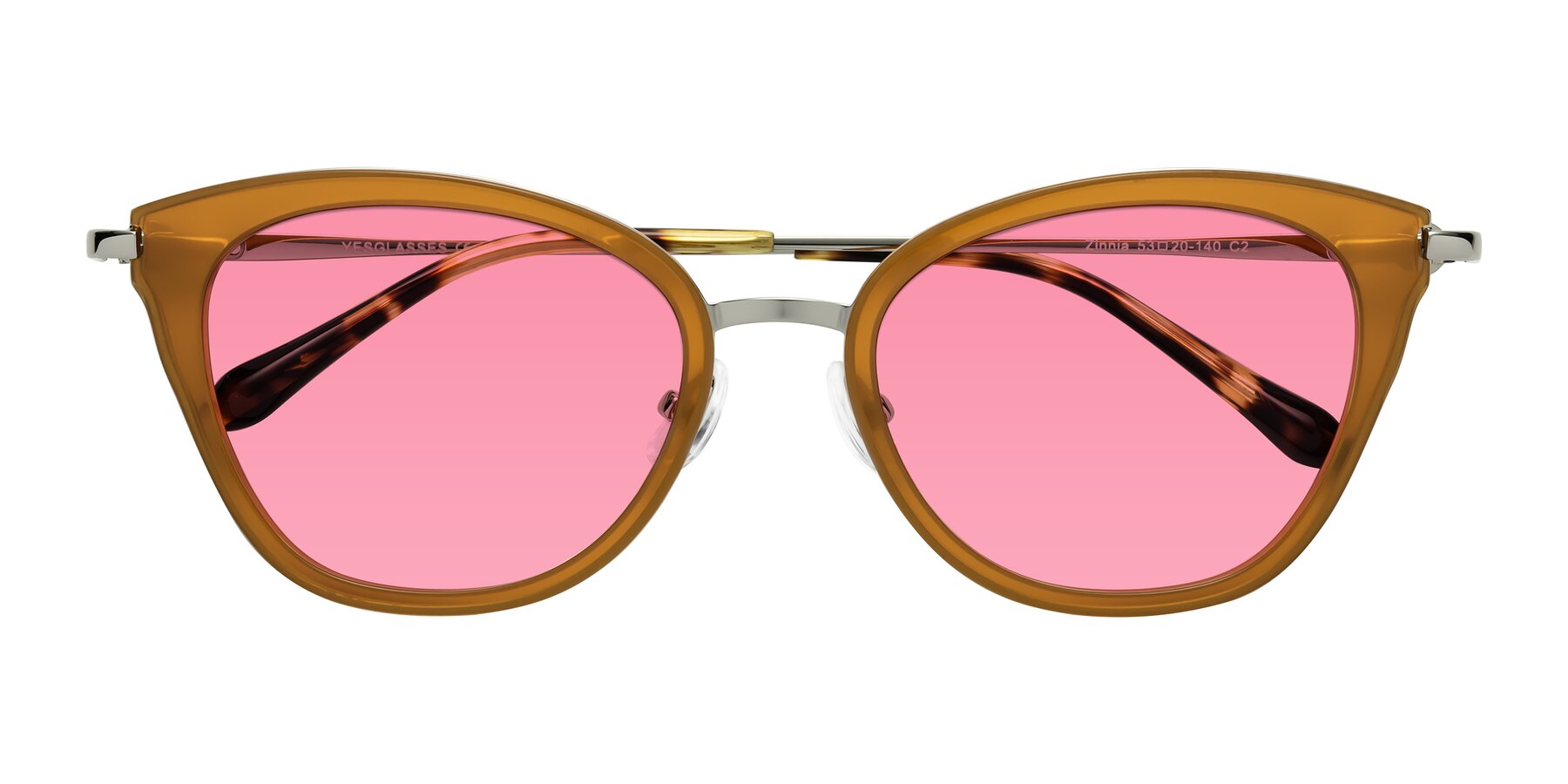 Folded Front of Zinnia in Caramel with Pink Tinted Lenses