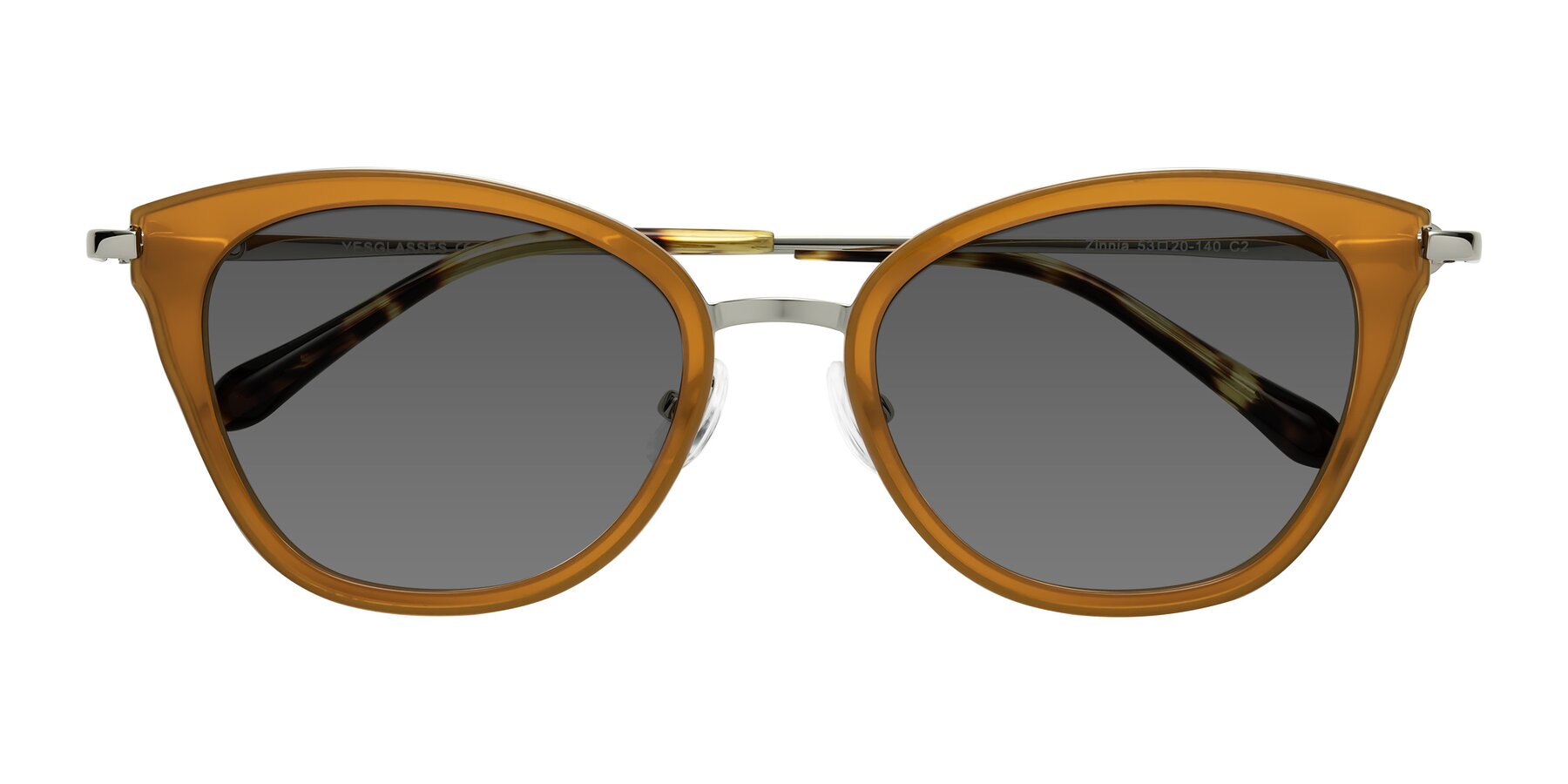 Folded Front of Zinnia in Caramel with Medium Gray Tinted Lenses