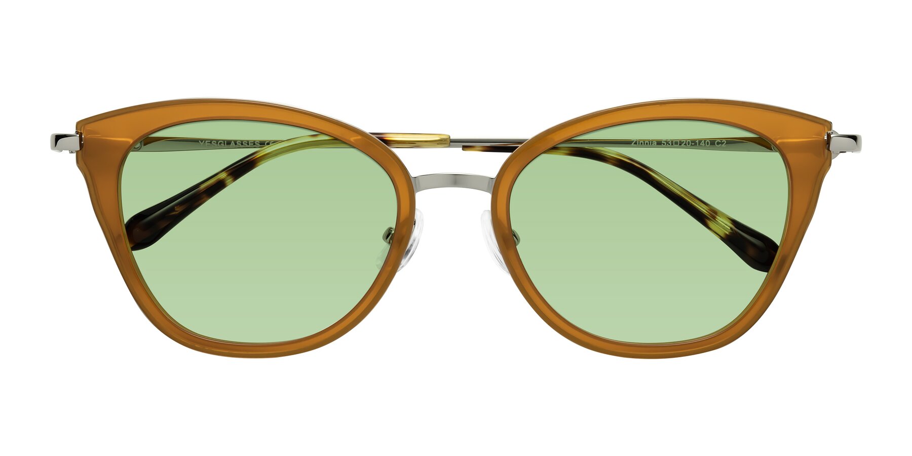 Folded Front of Zinnia in Caramel with Medium Green Tinted Lenses