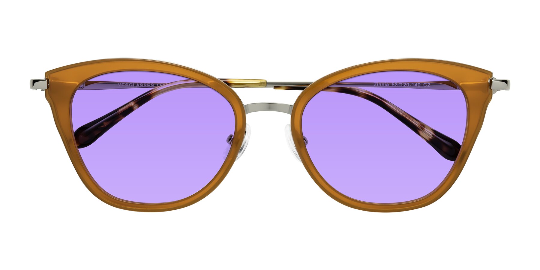 Folded Front of Zinnia in Caramel with Medium Purple Tinted Lenses