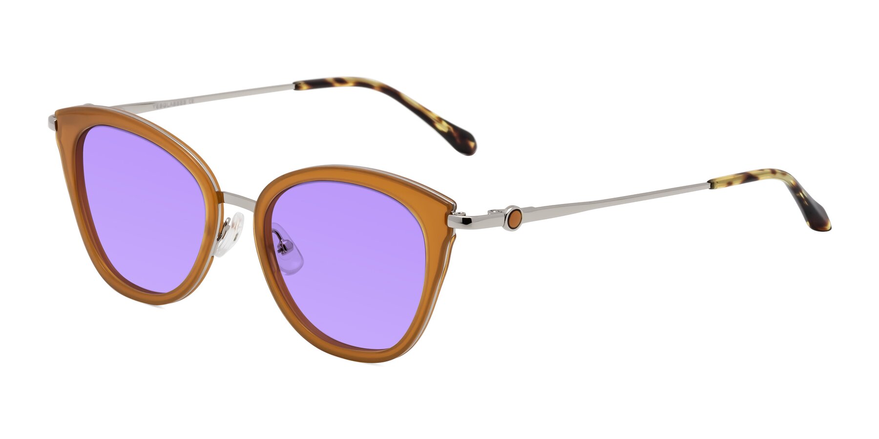 Angle of Zinnia in Caramel with Medium Purple Tinted Lenses