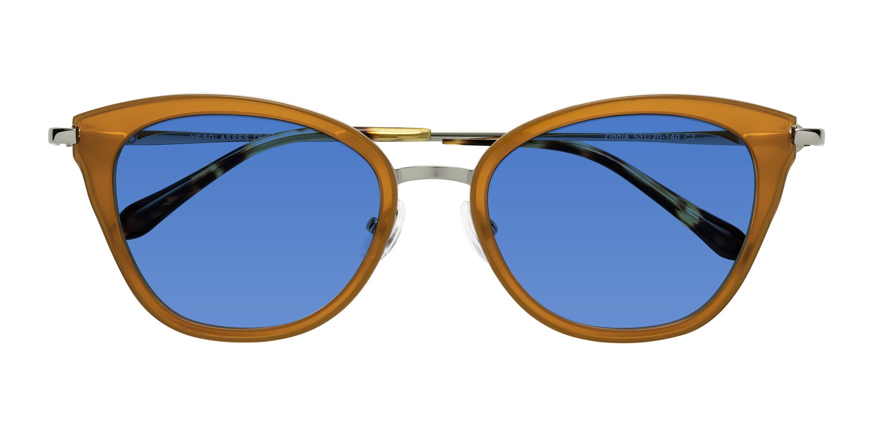 Folded Front of Zinnia in Caramel with Blue Tinted Lenses