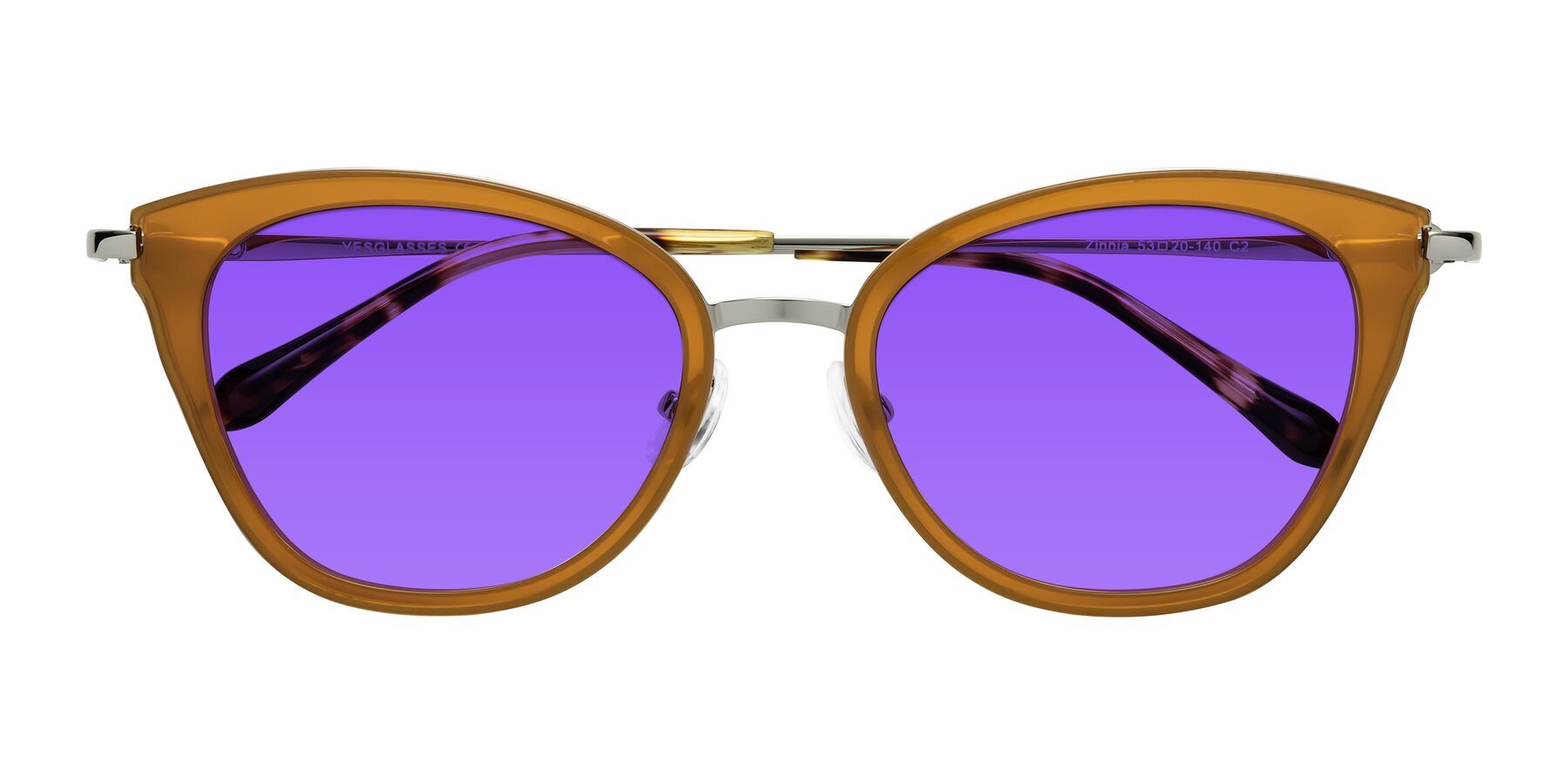 Folded Front of Zinnia in Caramel with Purple Tinted Lenses