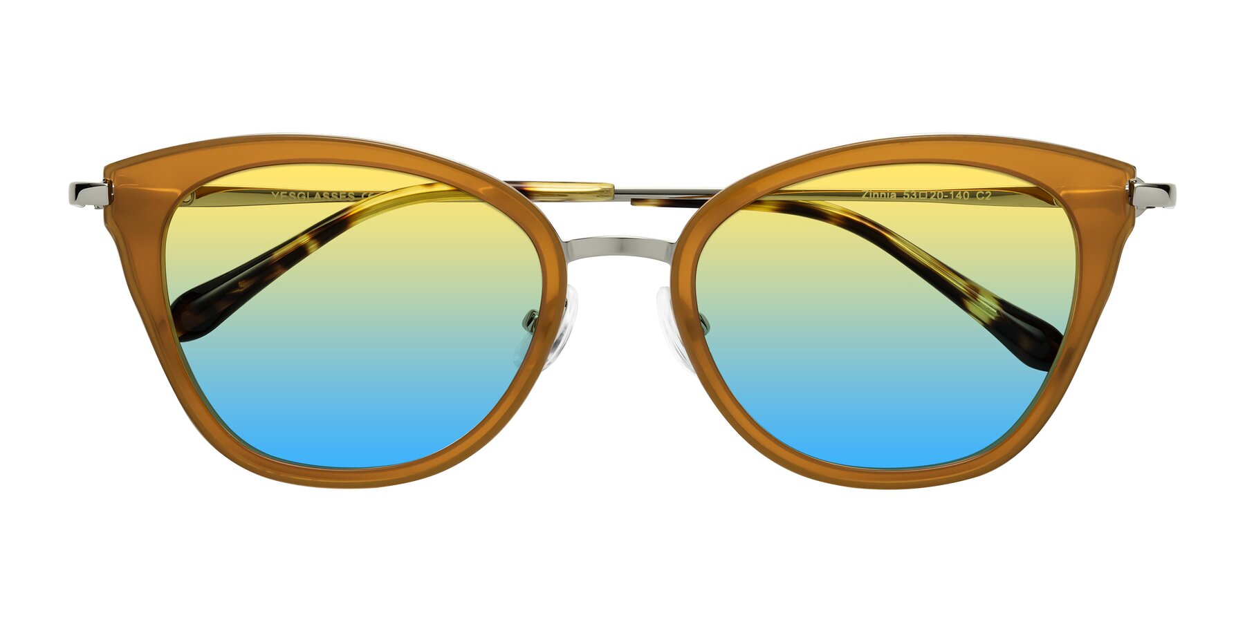 Folded Front of Zinnia in Caramel with Yellow / Blue Gradient Lenses