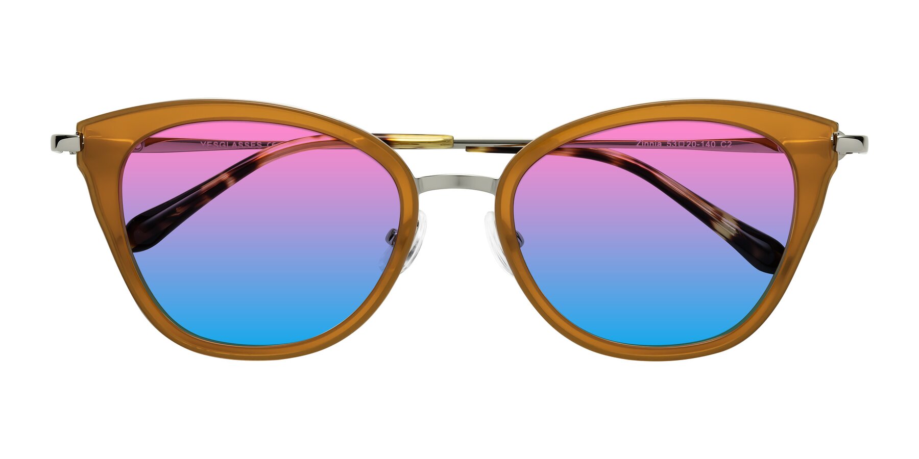 Folded Front of Zinnia in Caramel with Pink / Blue Gradient Lenses