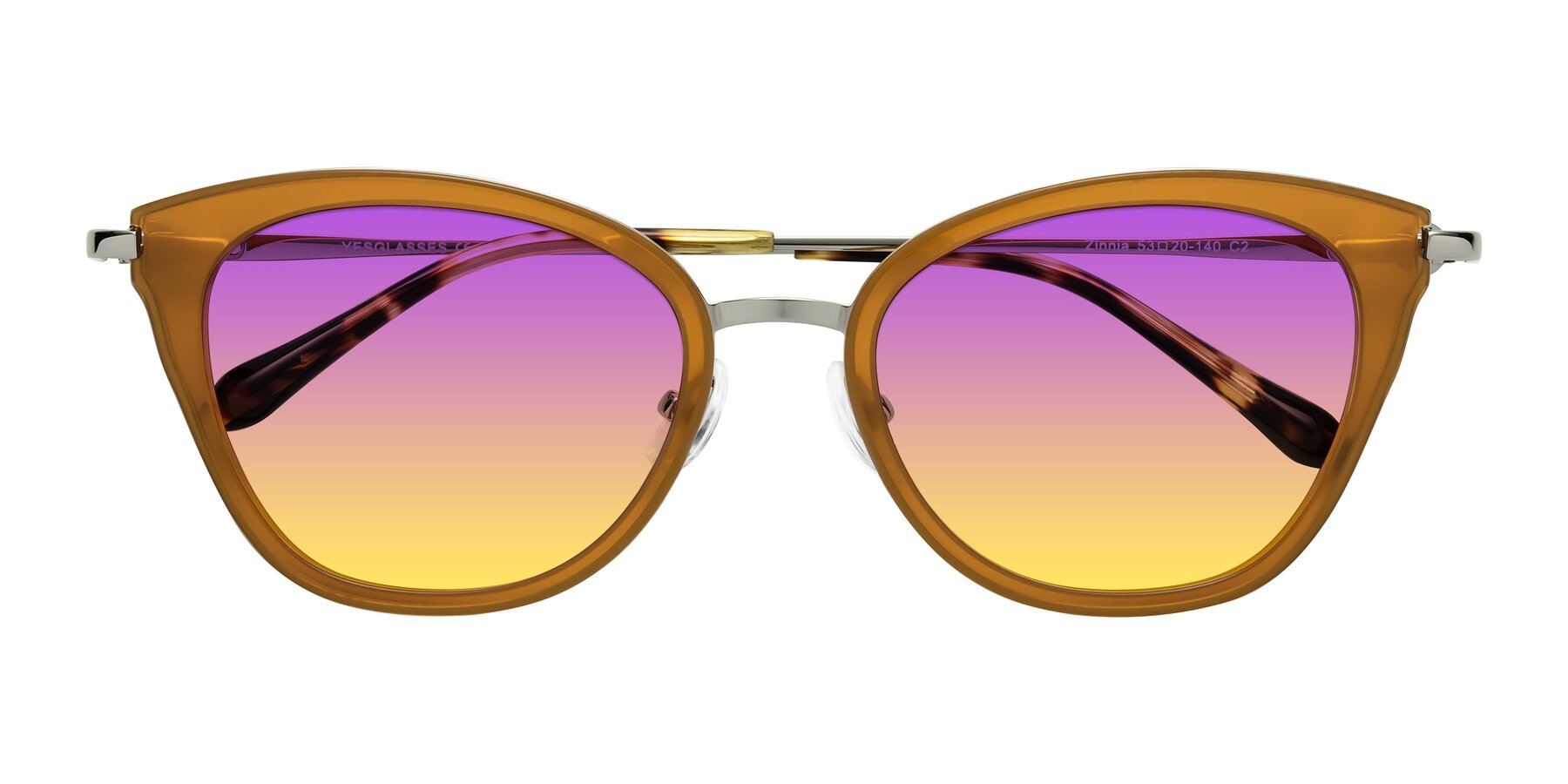 Folded Front of Zinnia in Caramel with Purple / Yellow Gradient Lenses