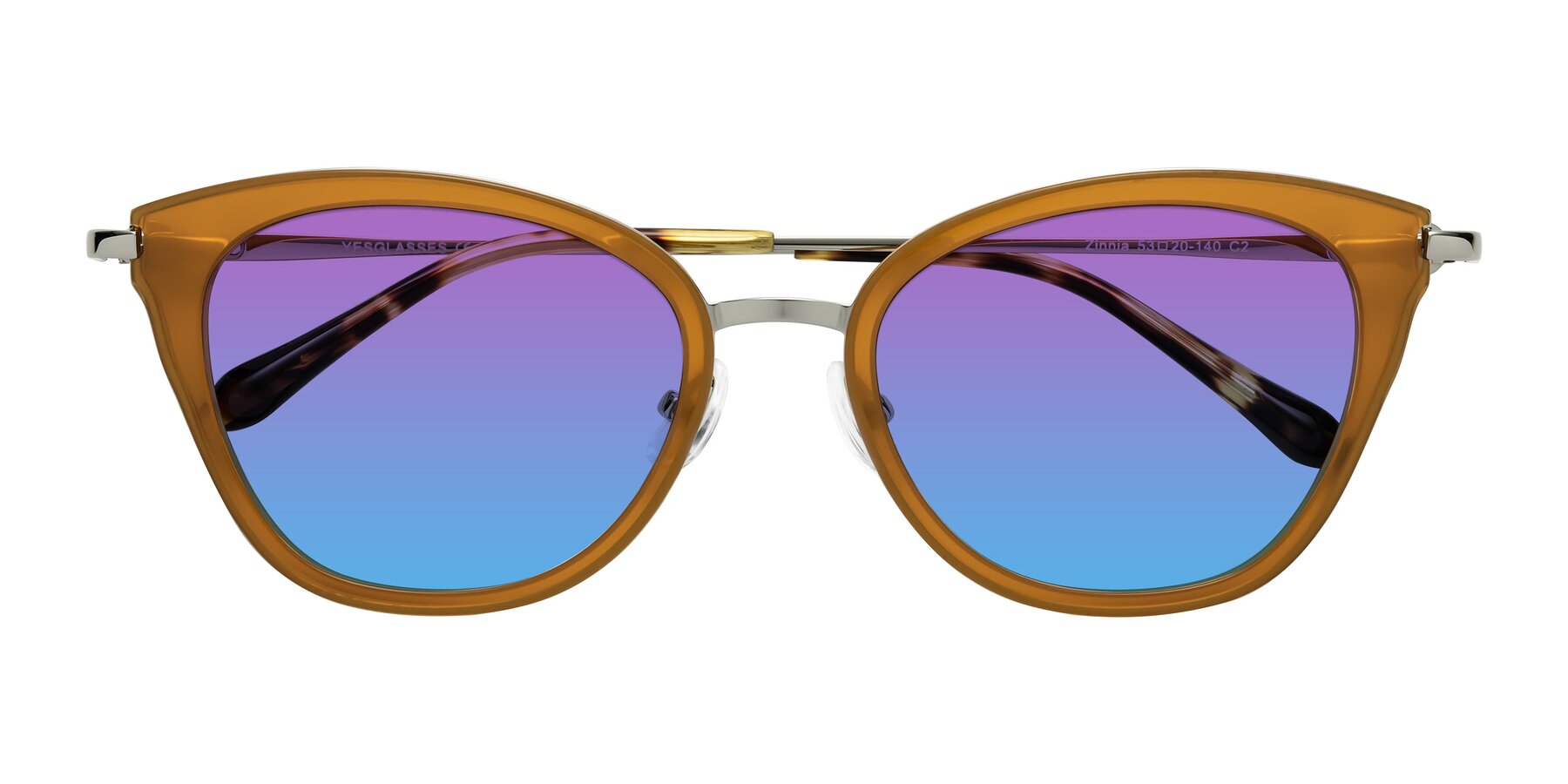 Folded Front of Zinnia in Caramel with Purple / Blue Gradient Lenses