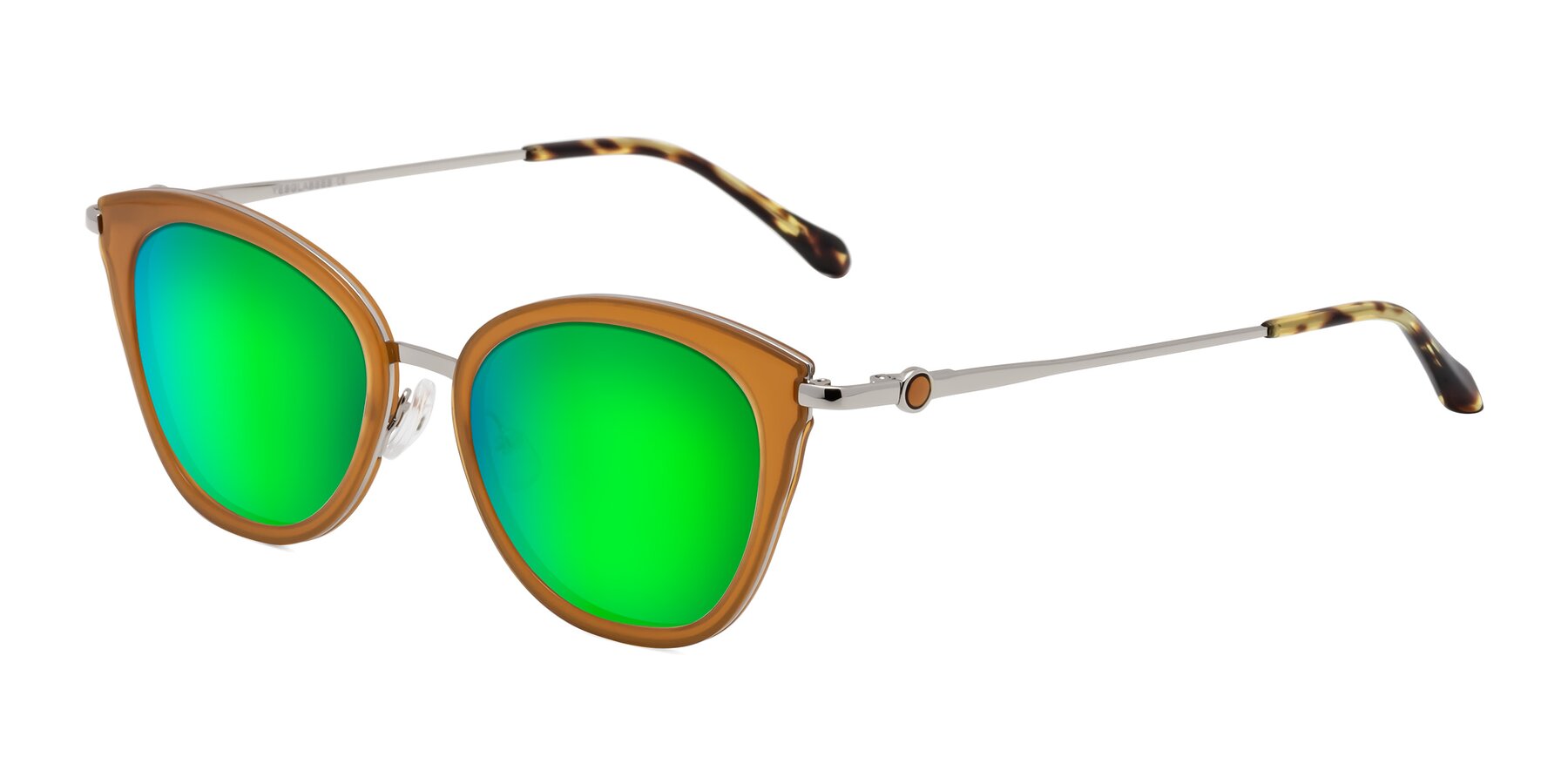 Angle of Zinnia in Caramel with Green Mirrored Lenses