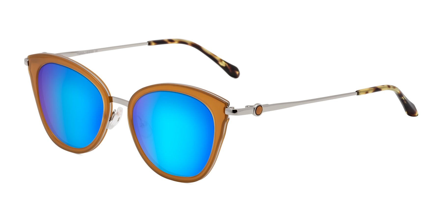 Angle of Zinnia in Caramel with Blue Mirrored Lenses