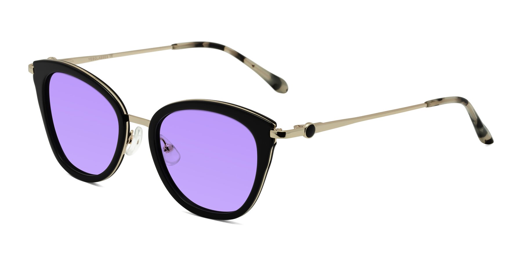 Angle of Zinnia in Black with Medium Purple Tinted Lenses