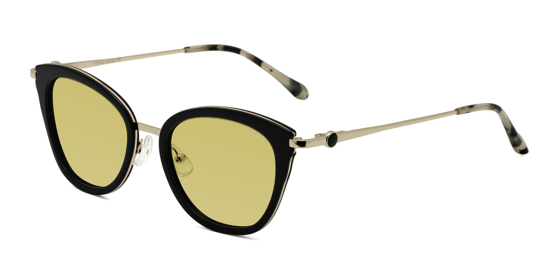 Angle of Zinnia in Black with Medium Champagne Tinted Lenses