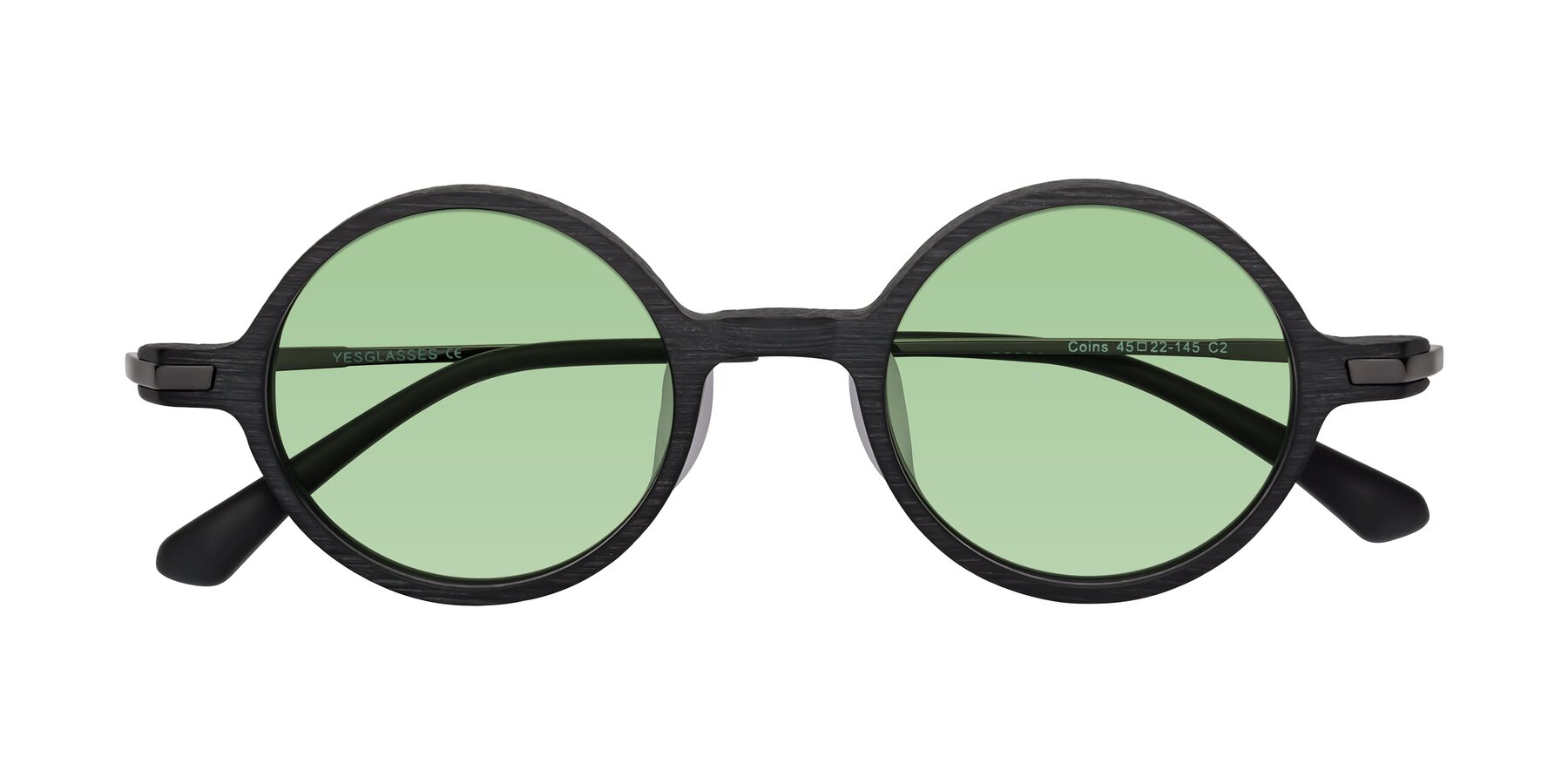 Folded Front of Coins in Dark Gray Woodgrain with Medium Green Tinted Lenses