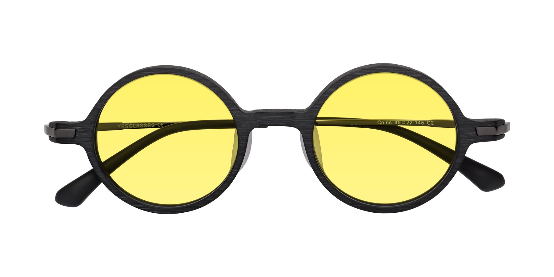 Folded Front of Coins in Dark Gray Woodgrain with Medium Yellow Tinted Lenses