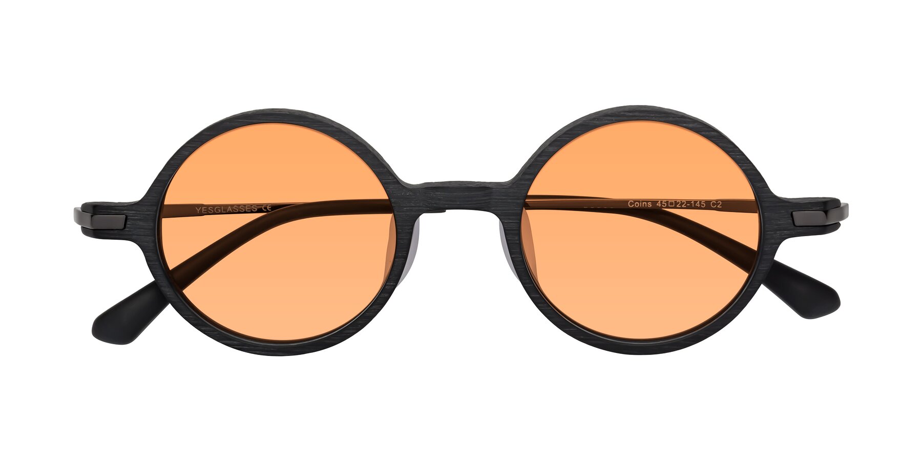 Folded Front of Coins in Dark Gray Woodgrain with Medium Orange Tinted Lenses