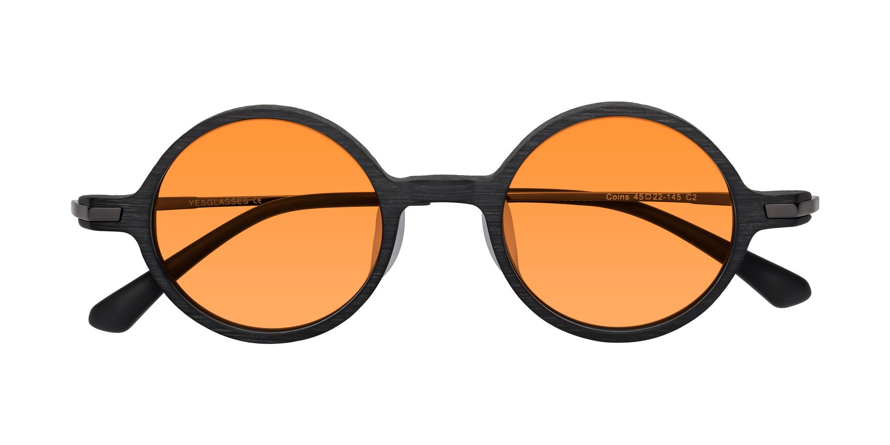 Folded Front of Coins in Dark Gray Woodgrain with Orange Tinted Lenses