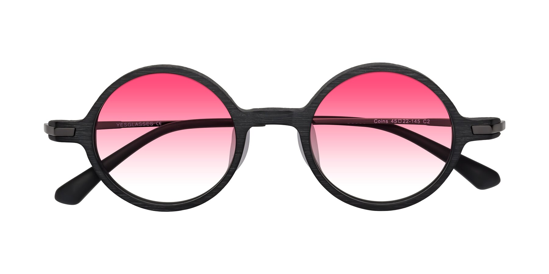 Folded Front of Coins in Dark Gray Woodgrain with Pink Gradient Lenses