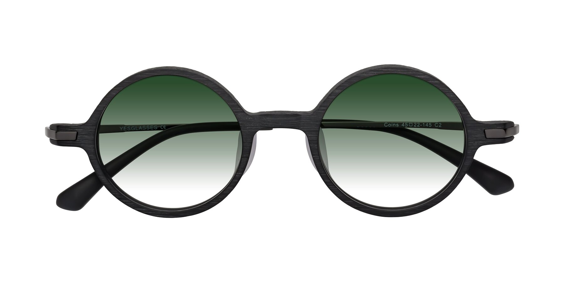 Folded Front of Coins in Dark Gray Woodgrain with Green Gradient Lenses