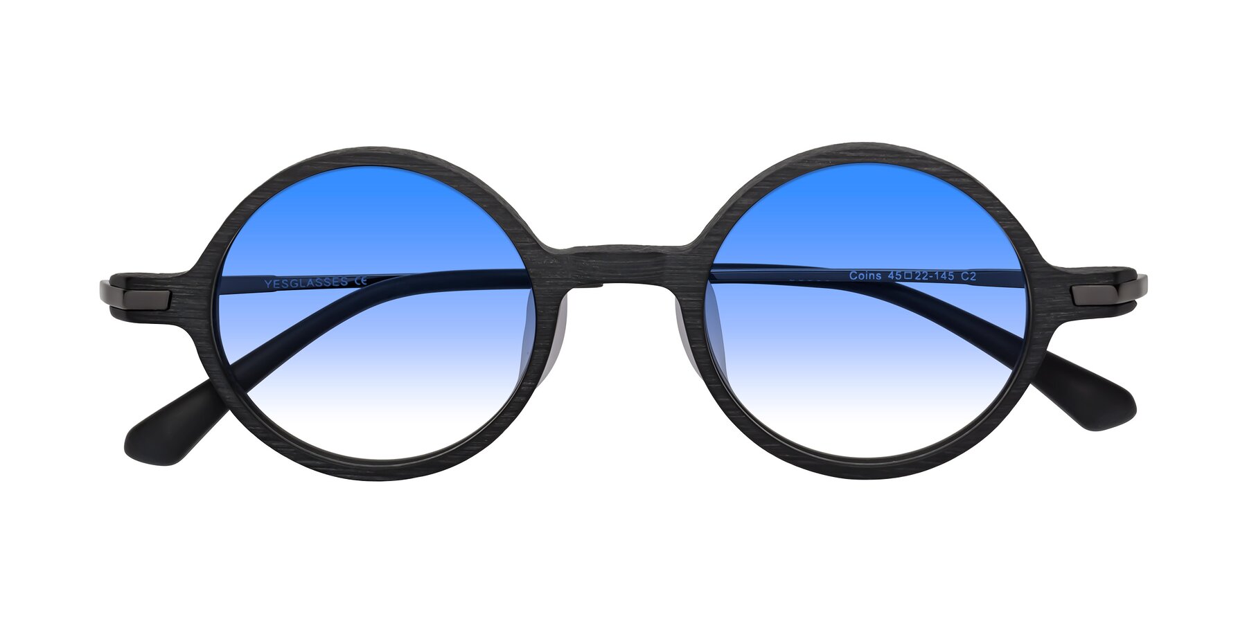 Folded Front of Coins in Dark Gray Woodgrain with Blue Gradient Lenses