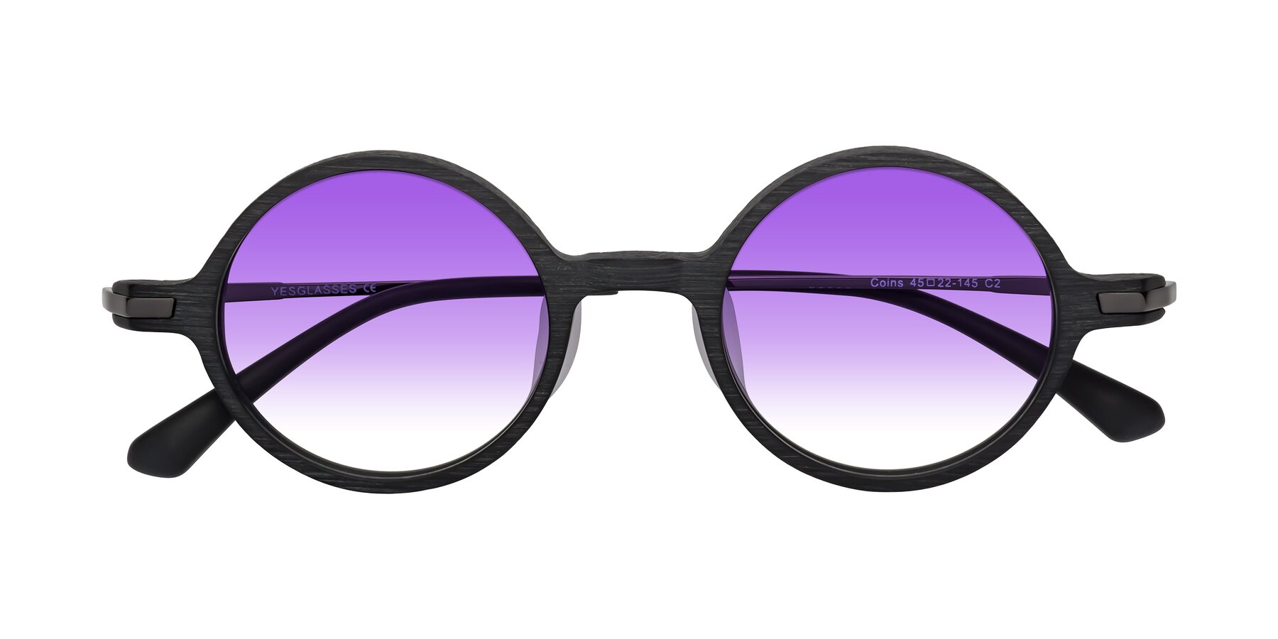 Folded Front of Coins in Dark Gray Woodgrain with Purple Gradient Lenses