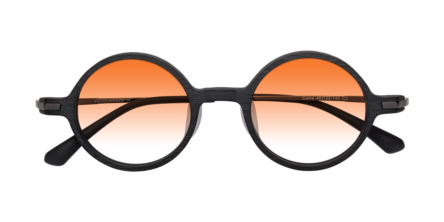 Folded Front of Coins in Dark Gray Woodgrain with Orange Gradient Lenses