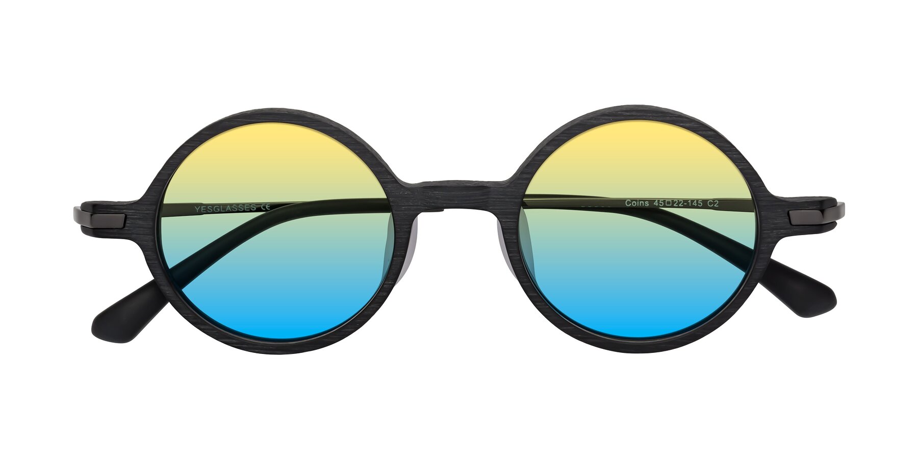 Folded Front of Coins in Dark Gray Woodgrain with Yellow / Blue Gradient Lenses