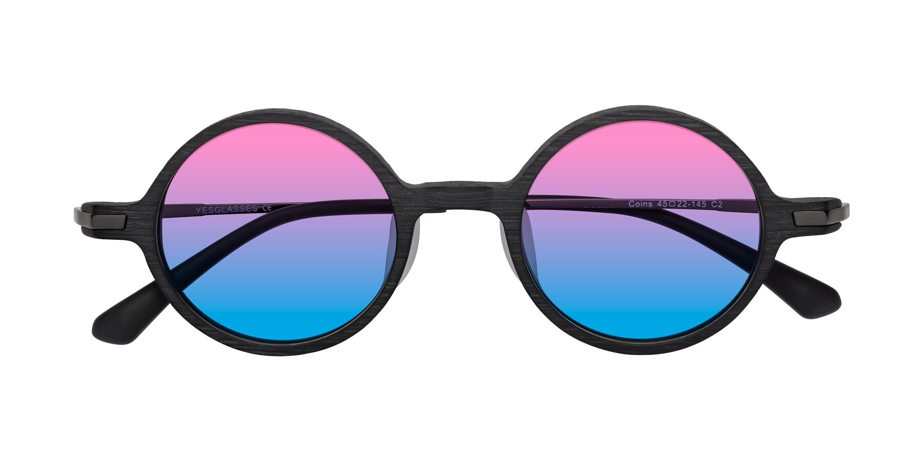 Folded Front of Coins in Dark Gray Woodgrain with Pink / Blue Gradient Lenses