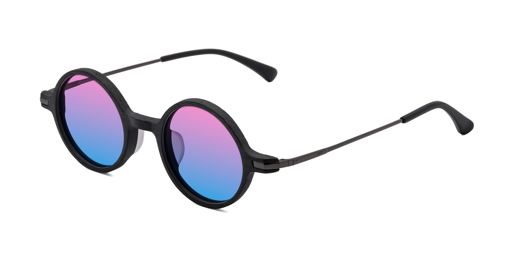 Angle of Coins in Dark Gray Woodgrain with Pink / Blue Gradient Lenses