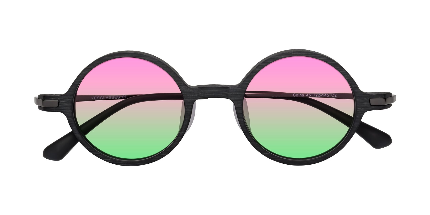 Folded Front of Coins in Dark Gray Woodgrain with Pink / Green Gradient Lenses