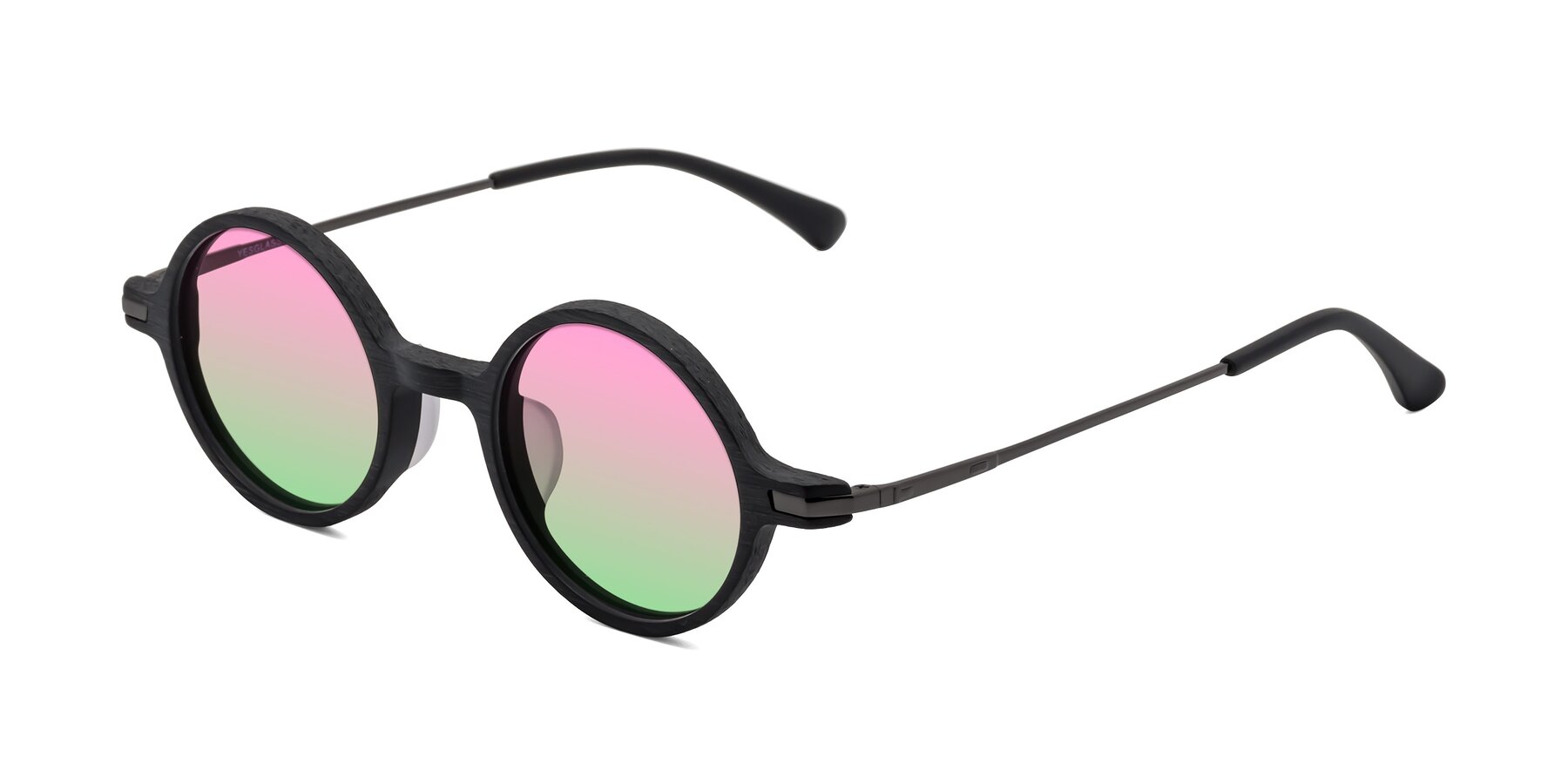 Angle of Coins in Dark Gray Woodgrain with Pink / Green Gradient Lenses