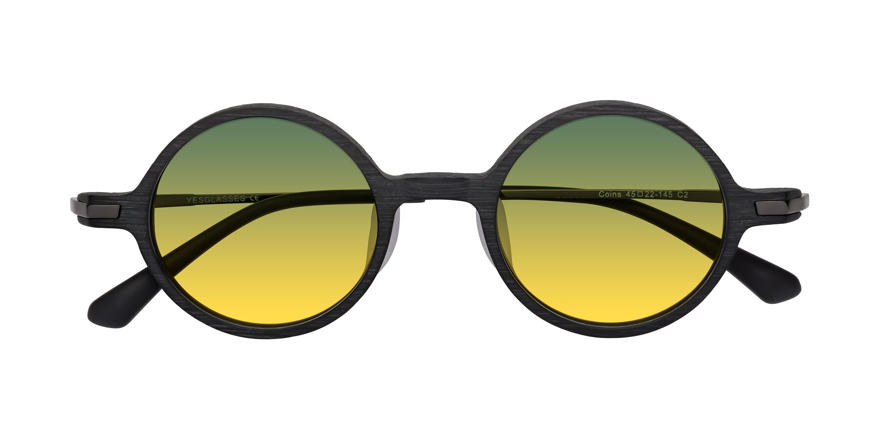 Folded Front of Coins in Dark Gray Woodgrain with Green / Yellow Gradient Lenses