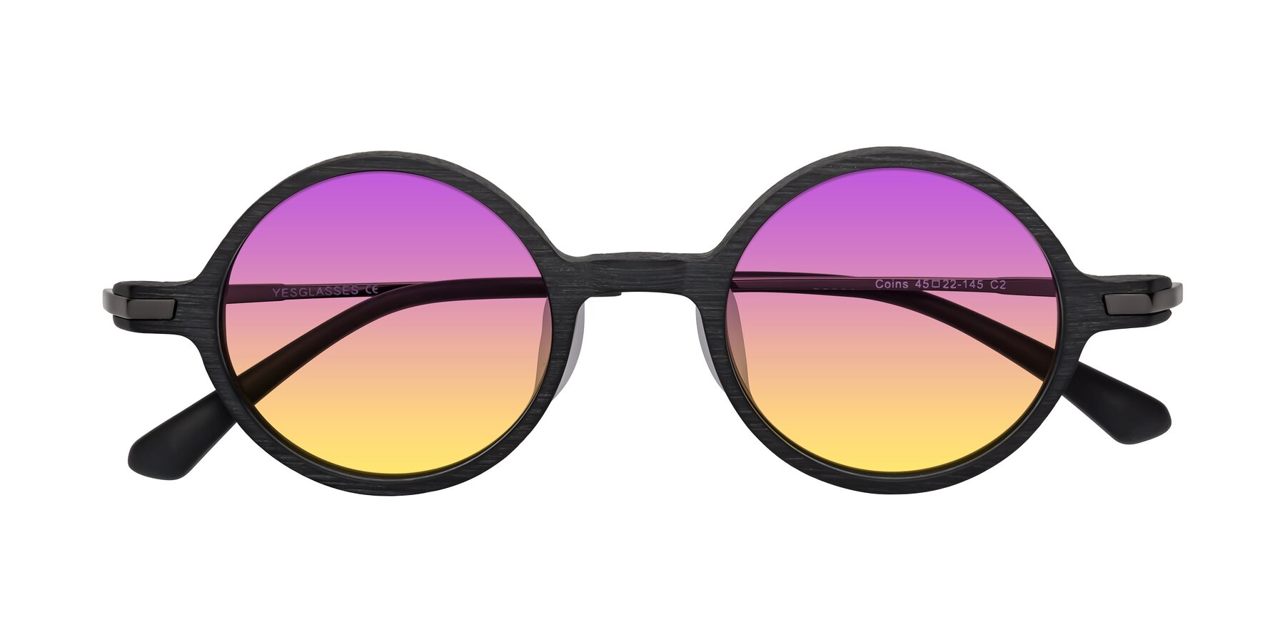 Folded Front of Coins in Dark Gray Woodgrain with Purple / Yellow Gradient Lenses