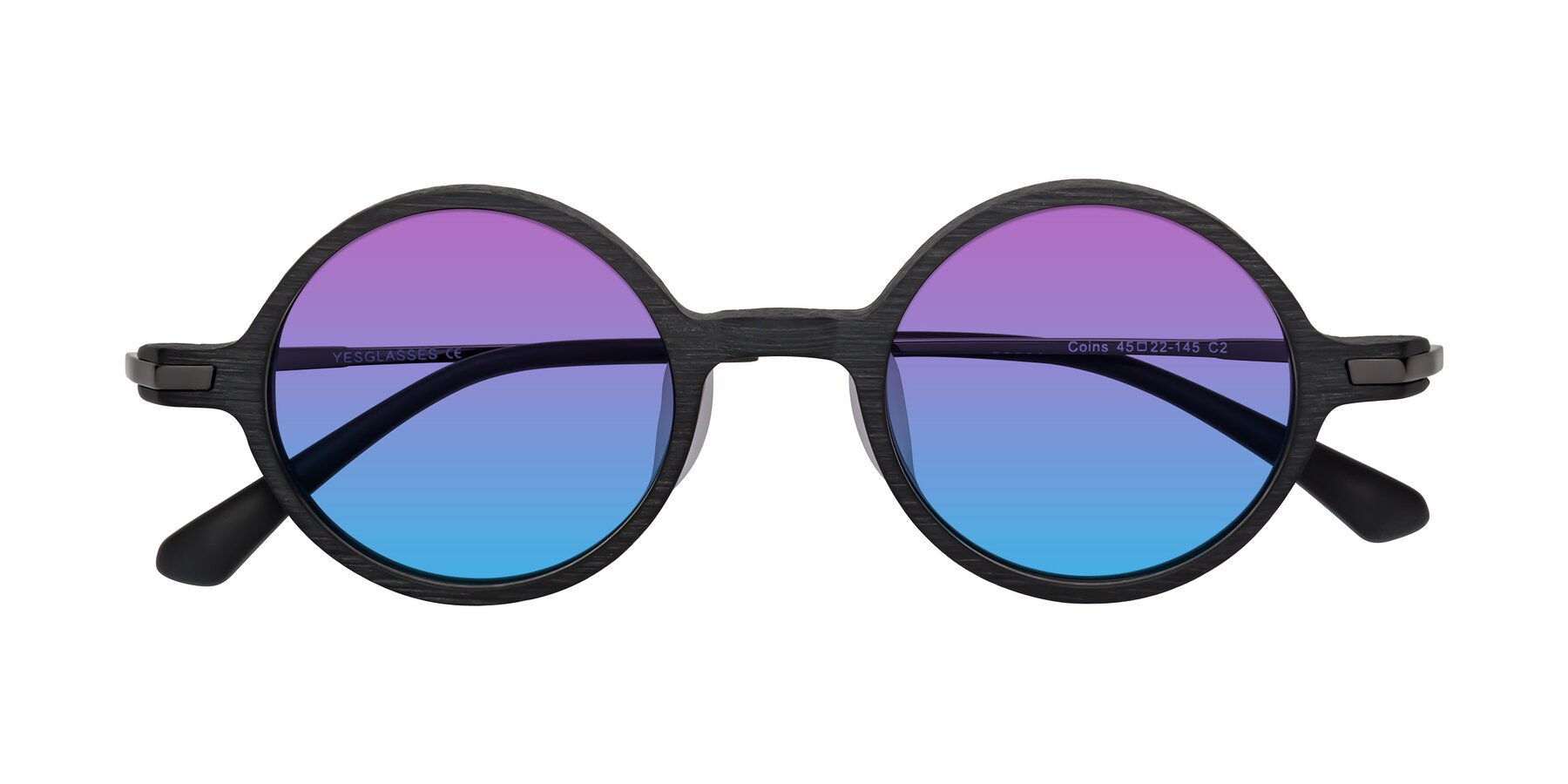 Folded Front of Coins in Dark Gray Woodgrain with Purple / Blue Gradient Lenses