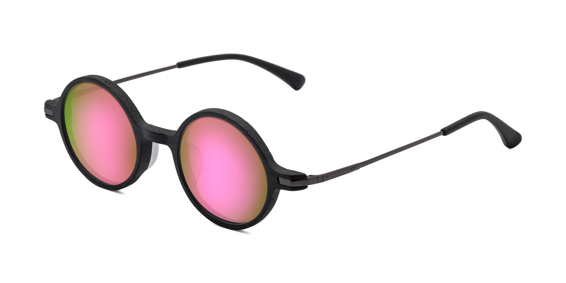 Angle of Coins in Dark Gray Woodgrain with Pink Mirrored Lenses