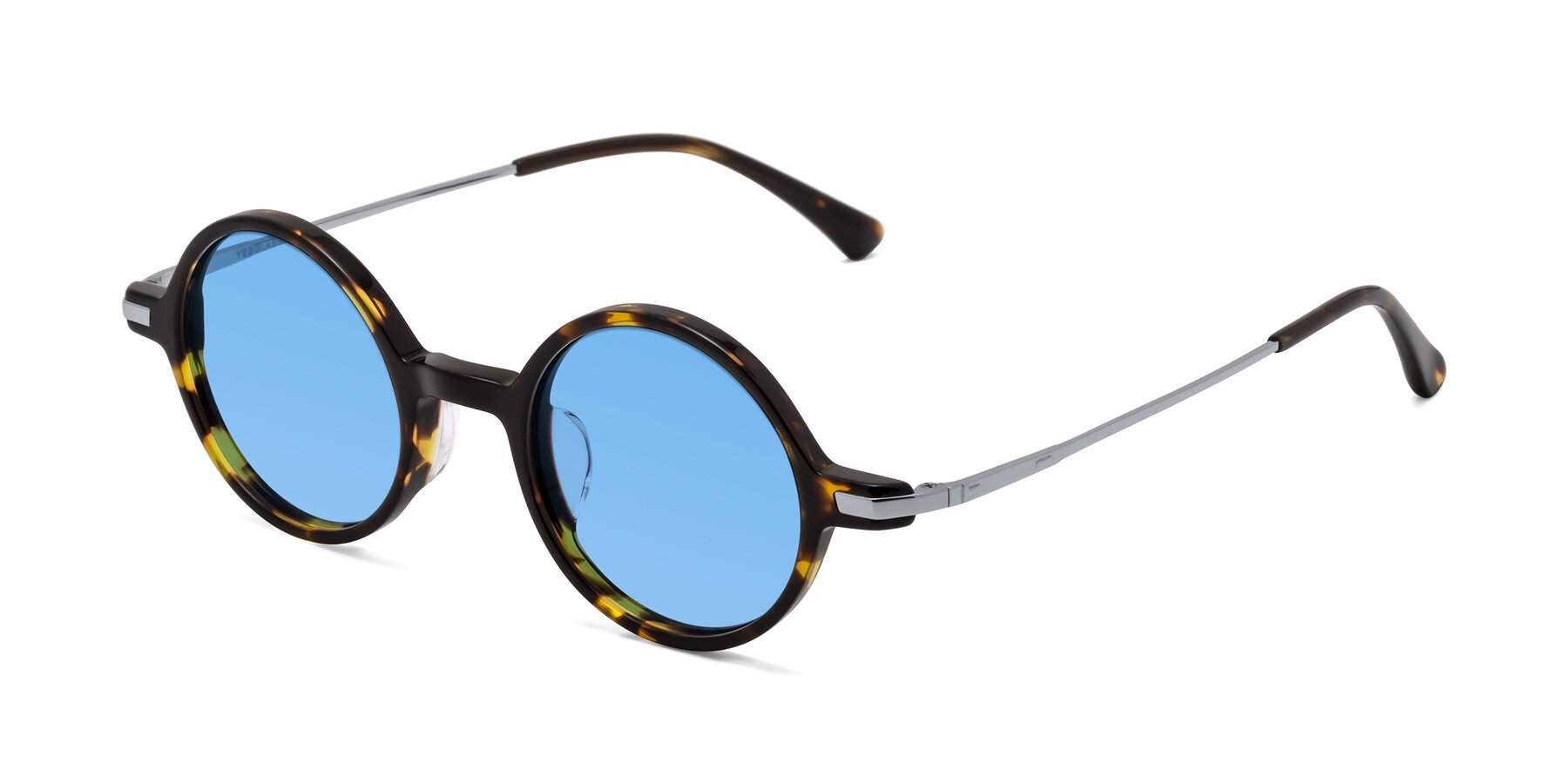 Angle of Coins in Tortoise with Medium Blue Tinted Lenses