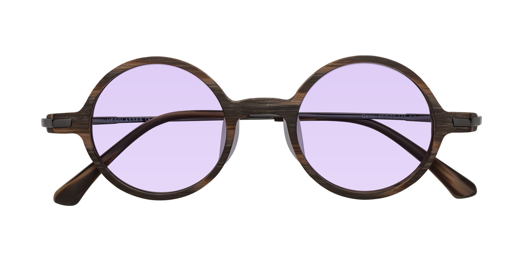 Folded Front of Coins in Brown Woodgrain with Light Purple Tinted Lenses