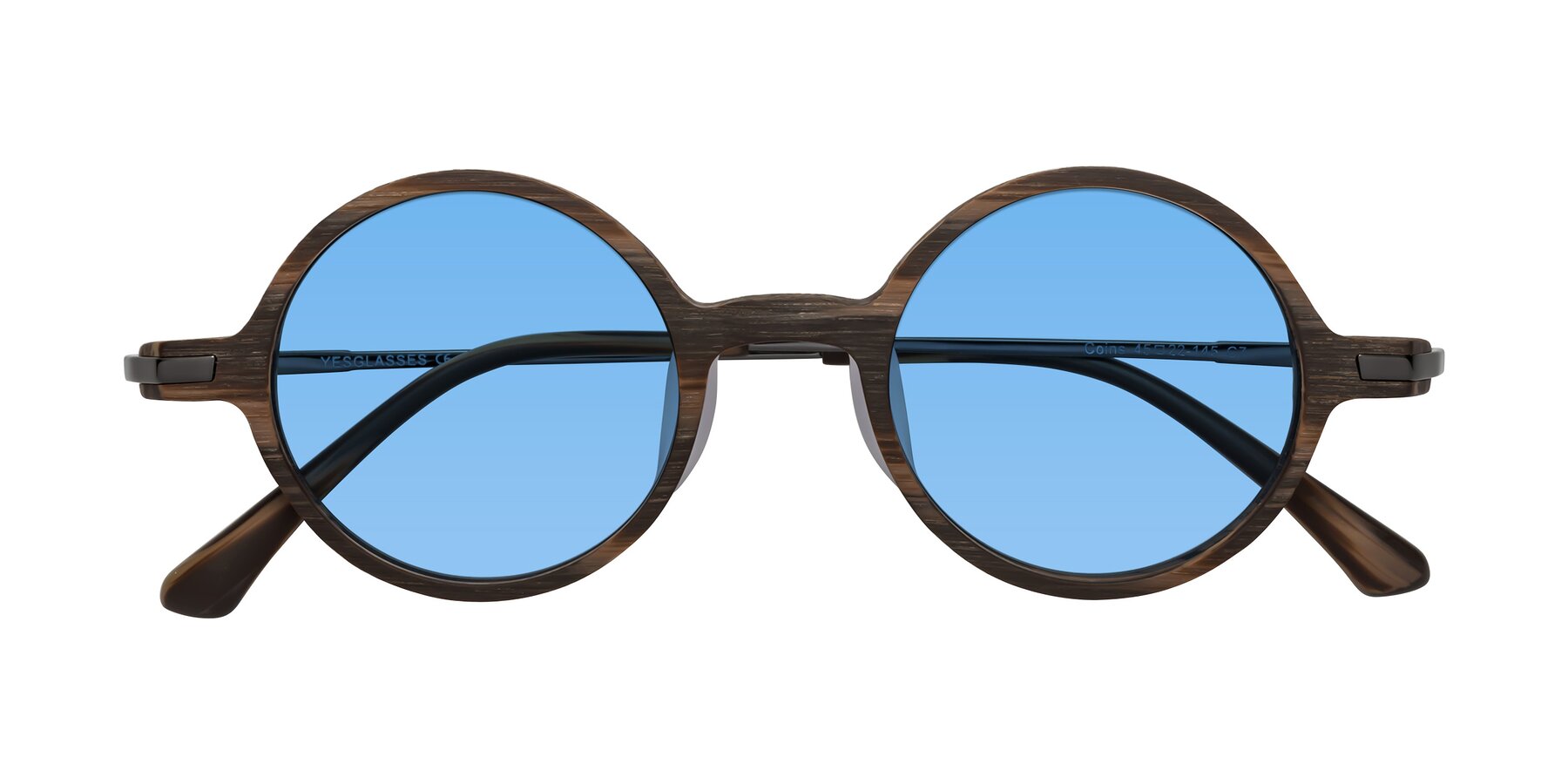 Folded Front of Coins in Brown Woodgrain with Medium Blue Tinted Lenses